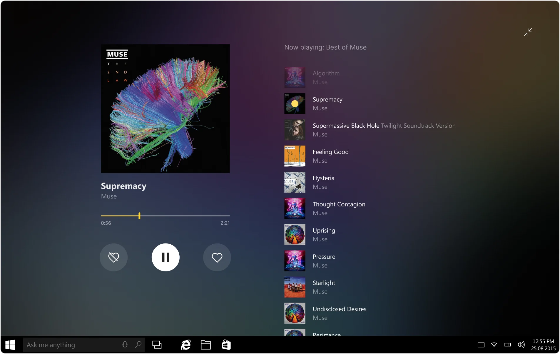 The Yandex.Music player on Windows: the album cover and playback controls on the left, the playing queue on the right, the Windows taskbar along the bottom